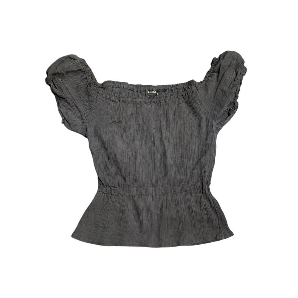 Ferrus Peasant Pleated Crinkle Texture Peplum Gauze Blouse Y2K Boho Cottagecore - Picture 3 of 4